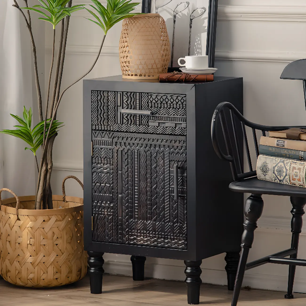 Mid-Century Rectangle Black Distressed Wood Carved Cabinet
