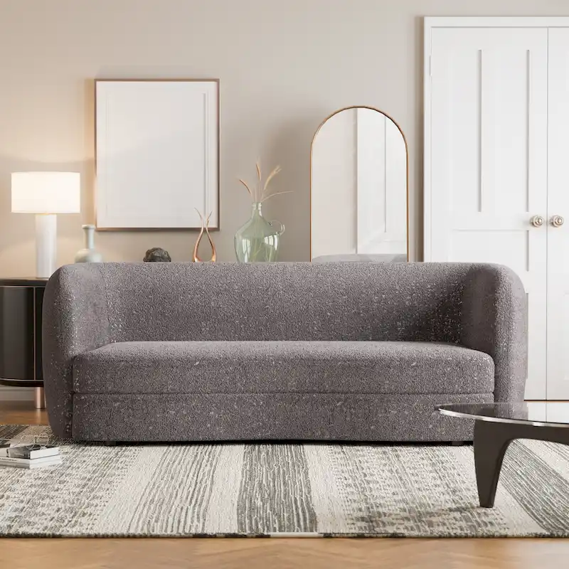 Modern Curved Arms Boucle Sofa Couch with Kidney Style Seat and Round Wooden Legs