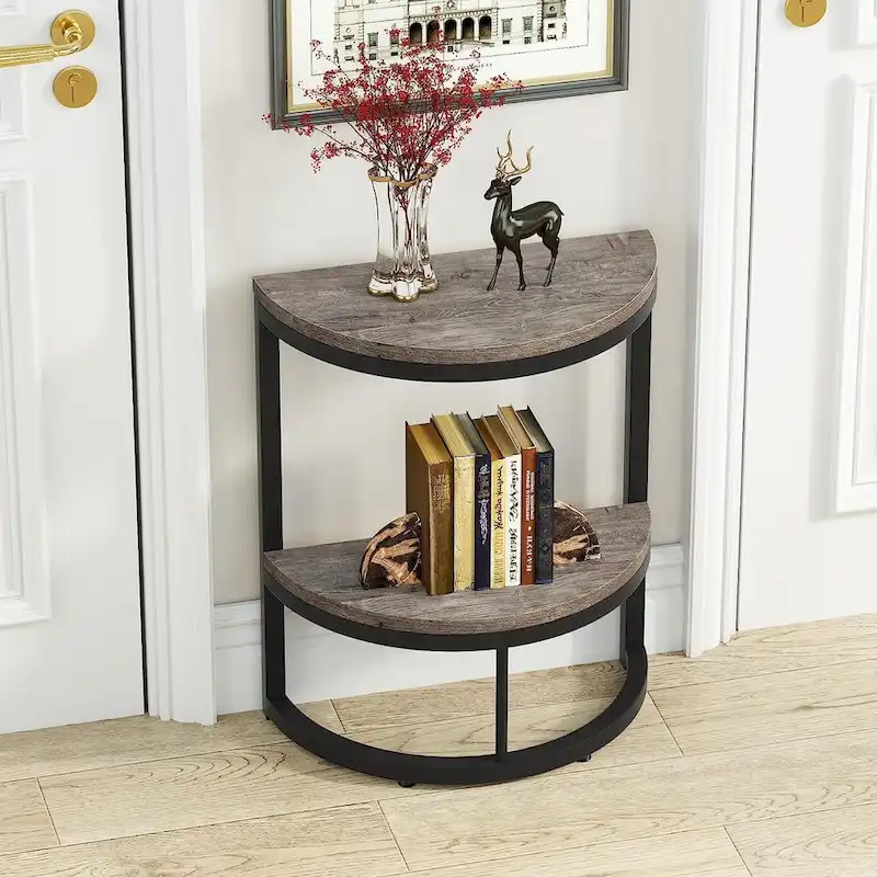 Half Round End Table, Narrow Side Table Slim C Table with Metal Frame