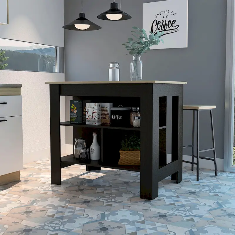 FM Furniture Brooklyn Kitchen Island, Three Concealed Shelves