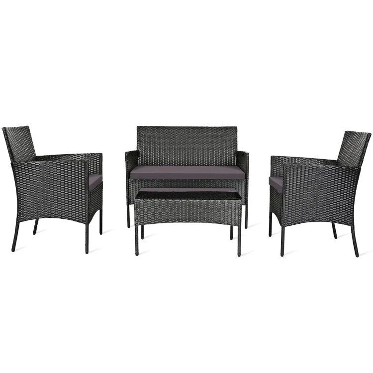 4 Pieces Patio Rattan Cushioned Sofa Set with Tempered Glass Coffee Table - 24 x 23.5 x 33 (L x W x H)