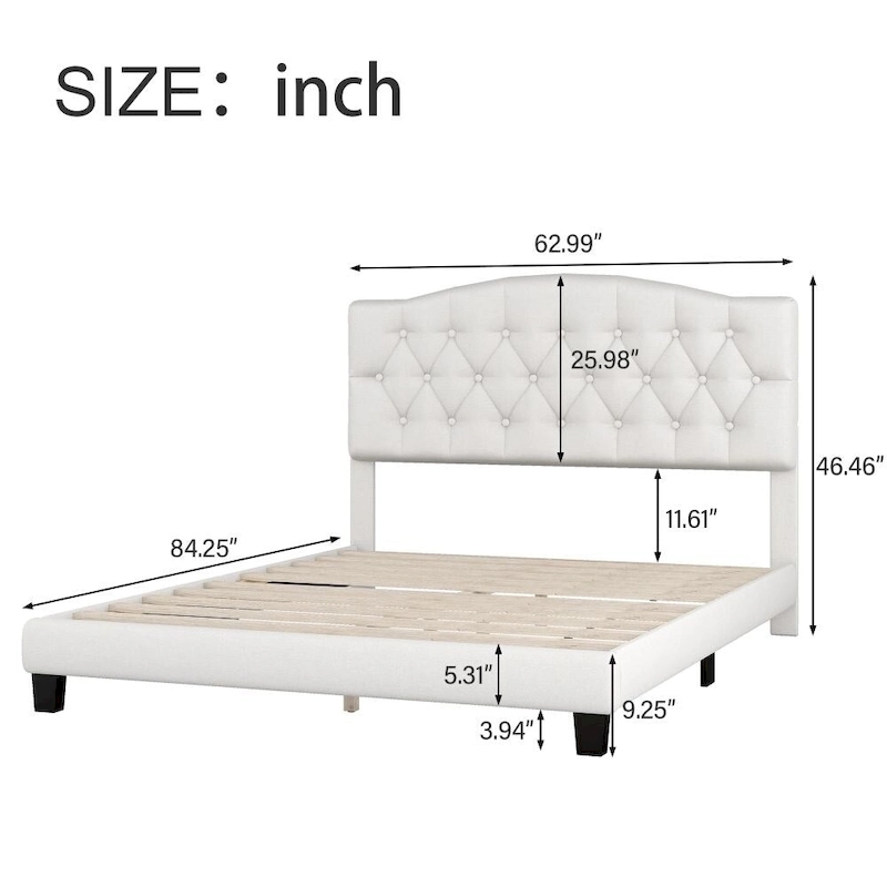 Upholstered Platform Bed with Saddle Curved Headboard and Diamond Tufted Details, Beige