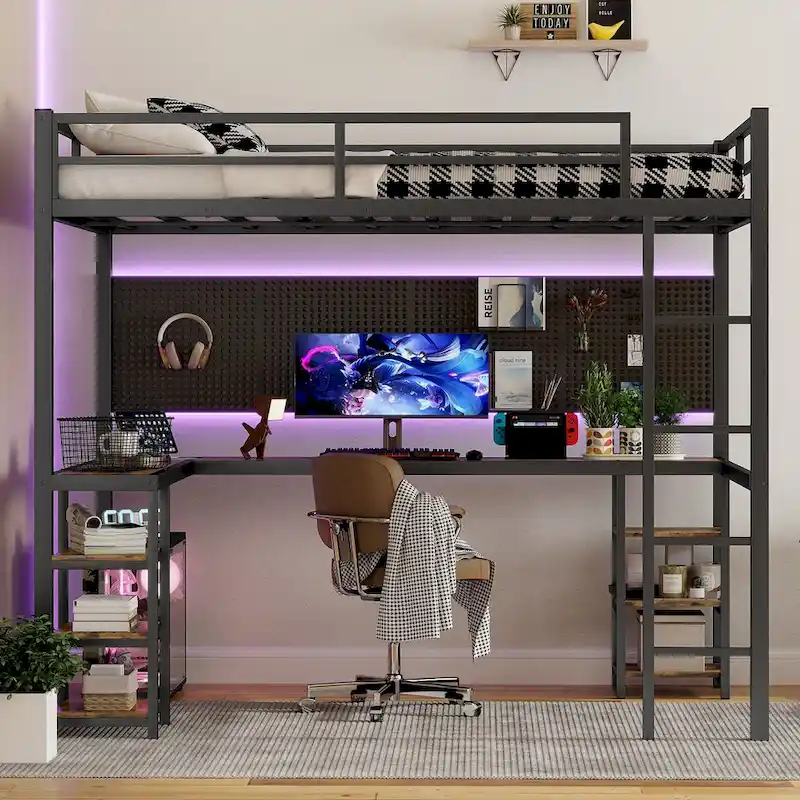 Full XL Metal Loft Bed with Desk and Shelves