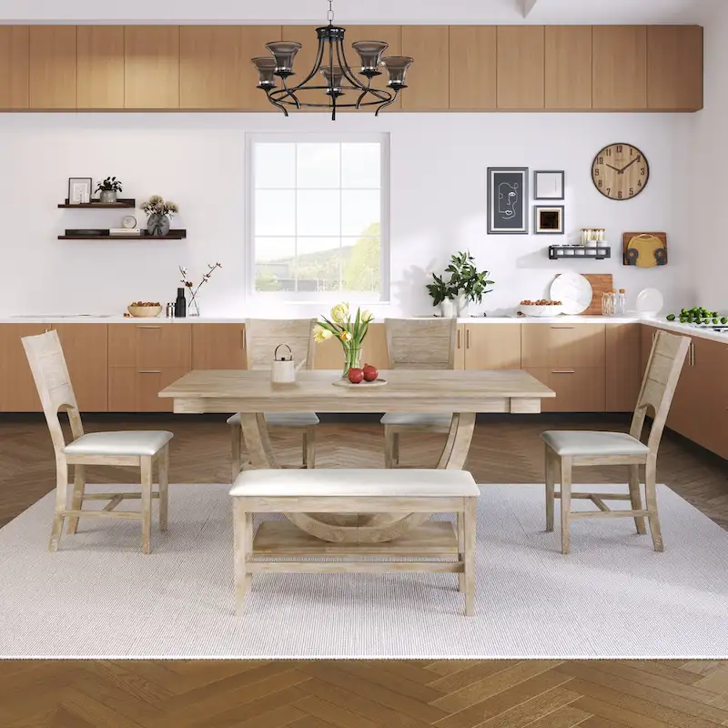 6-Piece Wooden Dining Table Set with Rectangular Table & 4 Chairs
