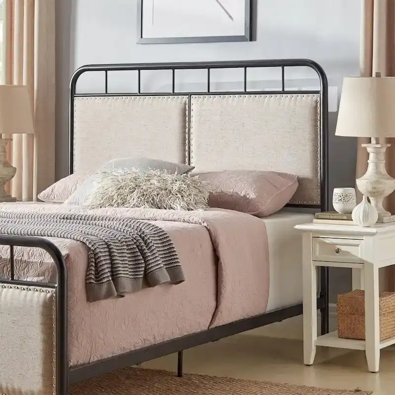 Bridgette Beige Upholstered Black Metal Queen Bed by Classic