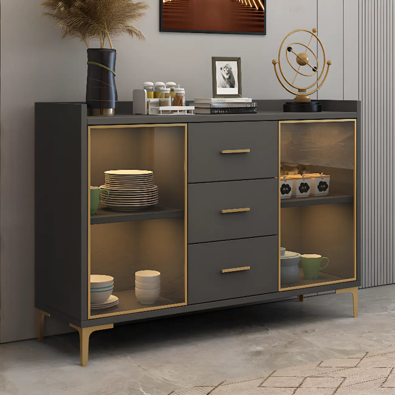 Trendy 6 Drawers White/Black Kitchen Cabinets with Metal Foot