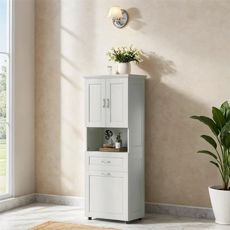 Tall Bathroom Cabinet with Laundry Basket,Large Storage Space
