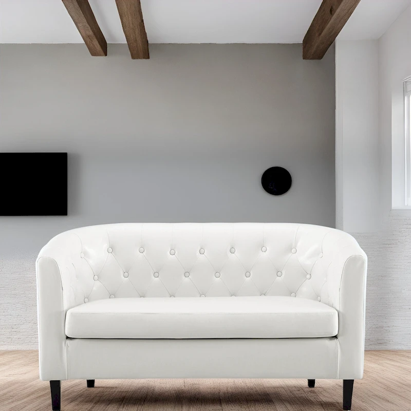 Midcentury Modern Button Tufted Faux Leather Barrel Loveseat - Comfy Tub Loveseat Sofa