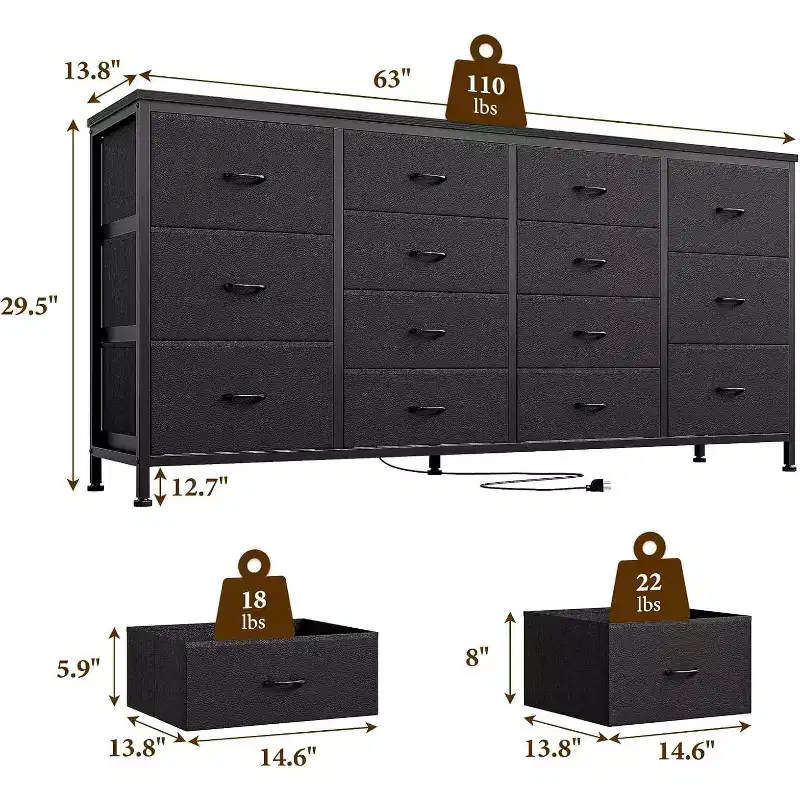 14 Drawer Dresser, 63 Inch Dresser TV Stand with Power Outlet