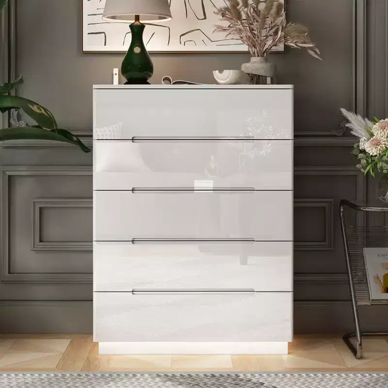 Hitow High Gloss 5 Drawer Dresser with Underlight Concealed Handle Chest of Drawers
