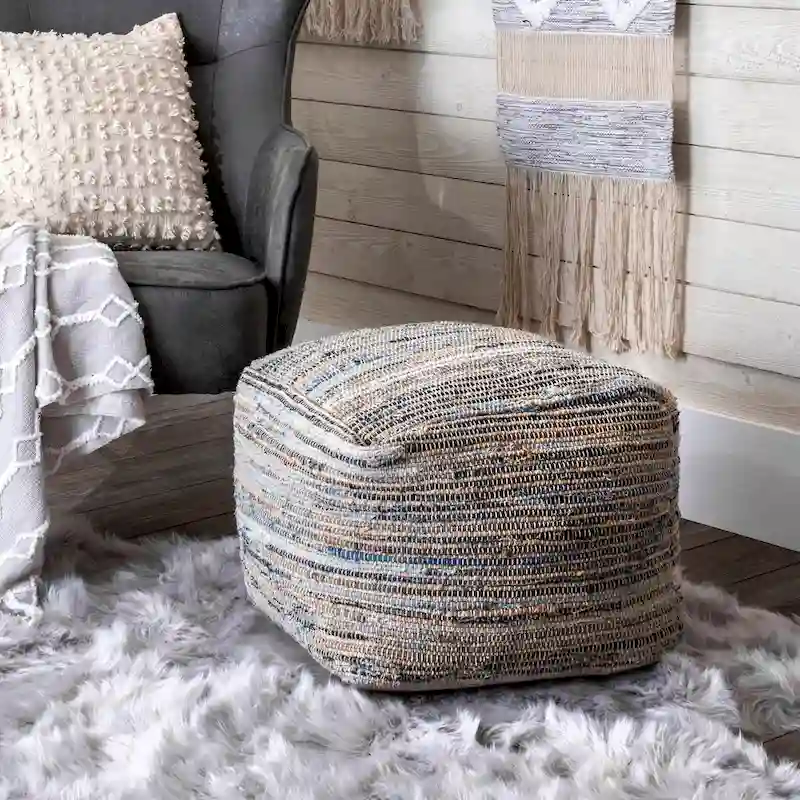 Nuloom Granada Knitted Casual Denim and Jute Ottoman Pouf