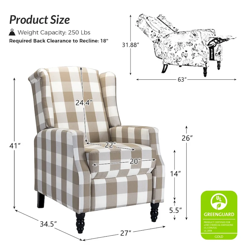 Damaris Mid-Century Modern Manual Pushback Recliner with Wingback Design by HULALA HOME