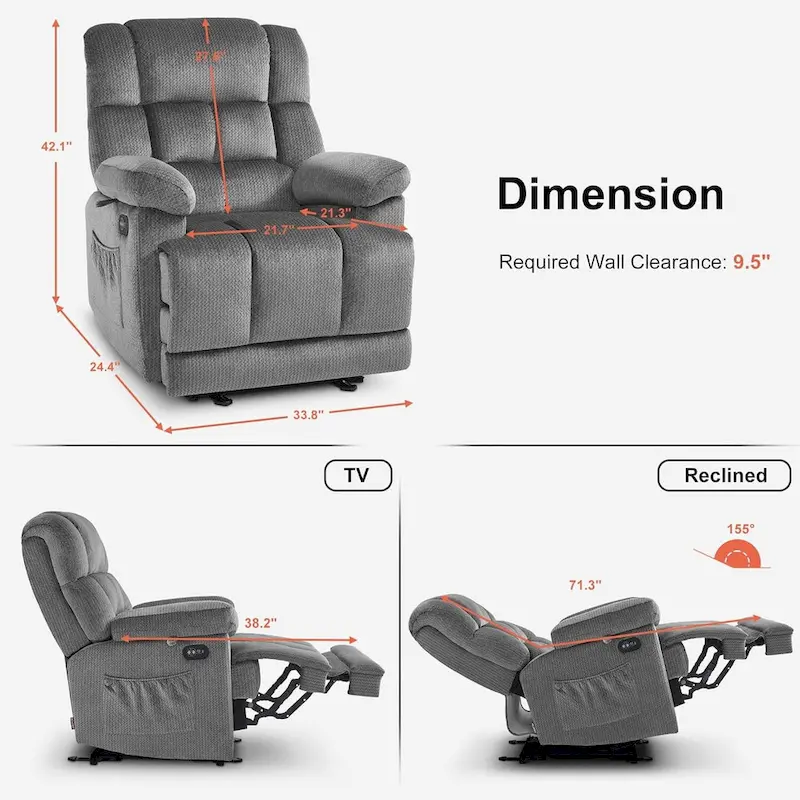 Electric Power Recliner Chair with Heat and Massage, Fabric