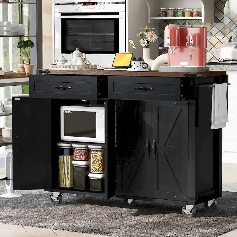 53.5FarmhouseKitchenIslandwithPowerOutlet,DropLeaf,SpiceRack,andDrawers,MobileStorageCartwithWheels