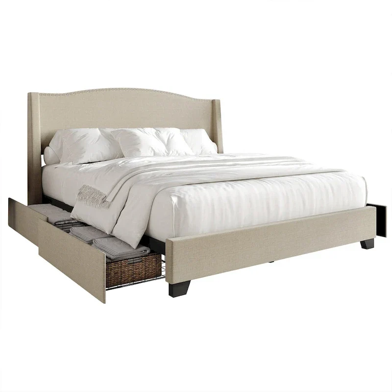 Elegant Chrome Nailhead Wingback Upholstered Bed with Drawers