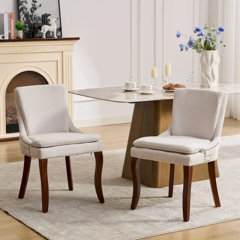 Modern Dining Chairs Set of 2,Chenille Upholstered Dining Chairs,Living Room Accent Leisure Chairs with Curved Solid Wood Legs