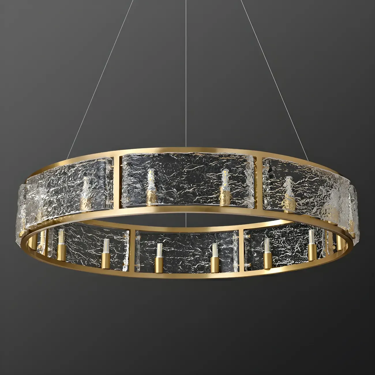 16-Light Modern Brass Glass Hoop Chandelier Height Adjustable