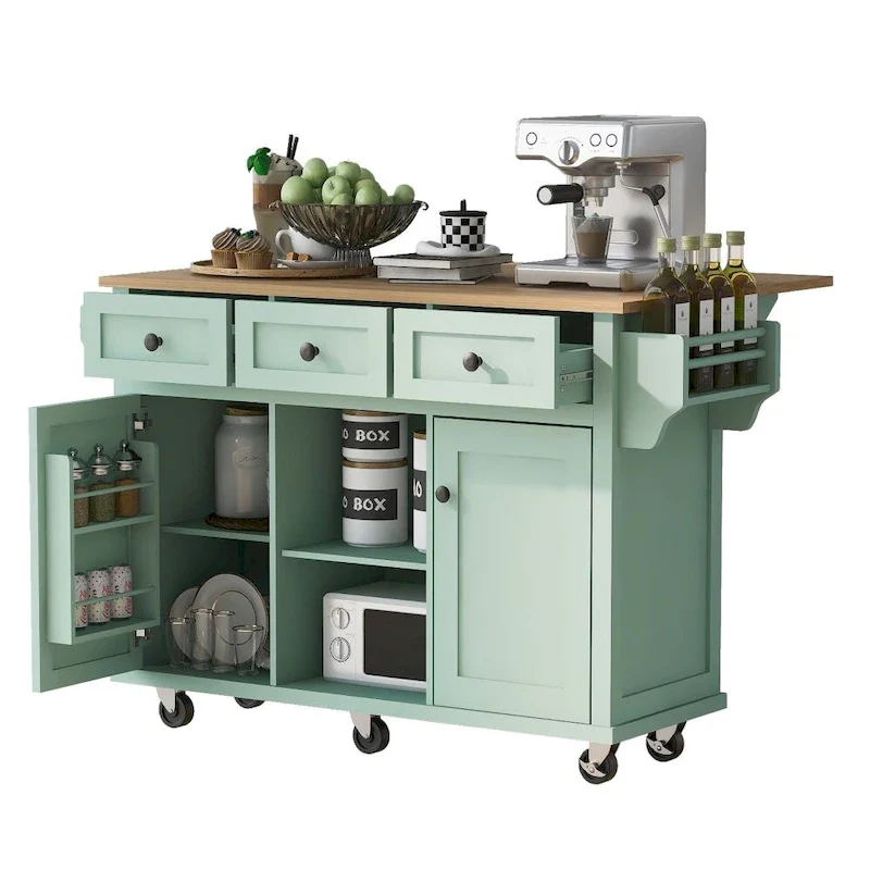 Kitchen Cart with Rubber Wood Drop-Leaf Counter Top
