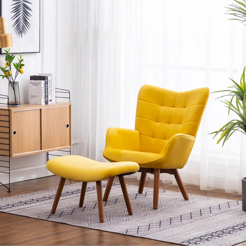 Yellow Modern 33 Polyester Button Tufted Accent Chair with Ottoman and Tapering Wood Dowel Legs