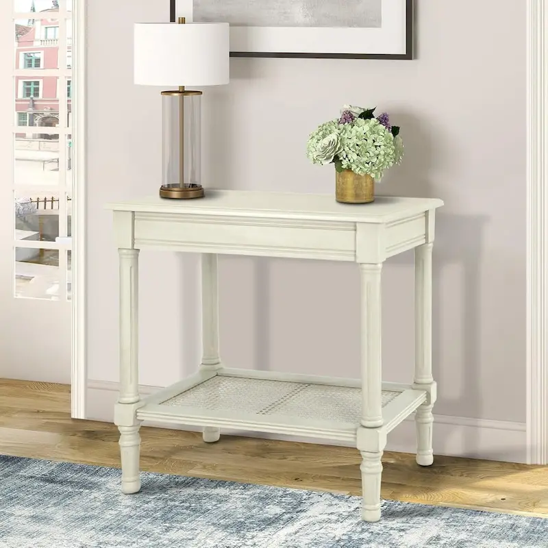 Copper Grove Reine Cream Side Table with Rattan Shelf