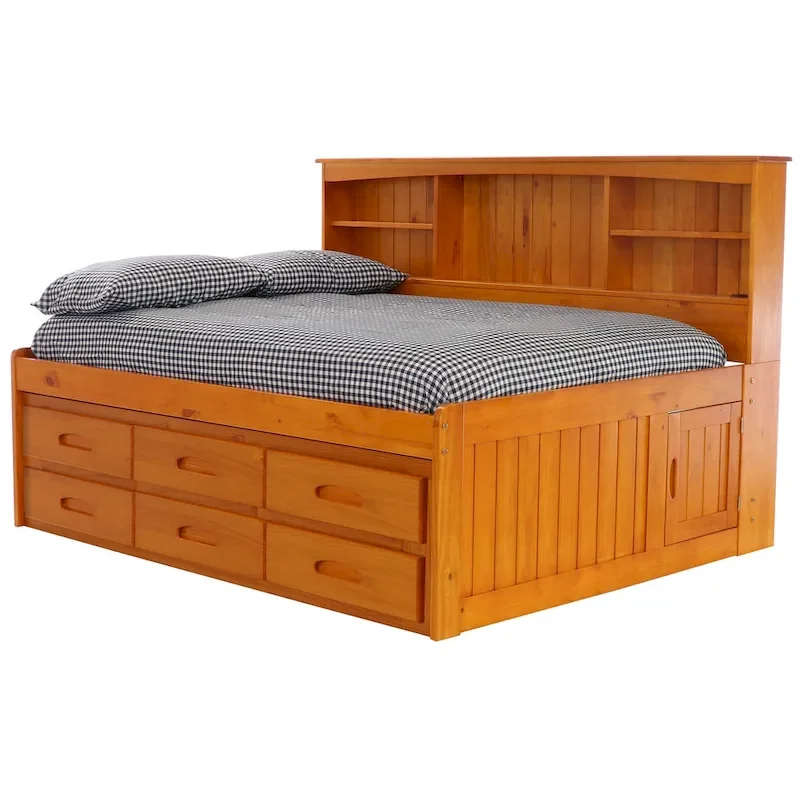 Honey Solid Pine Bookcase Headboard Daybed with 6 Drawers – Full, Single Sleeper