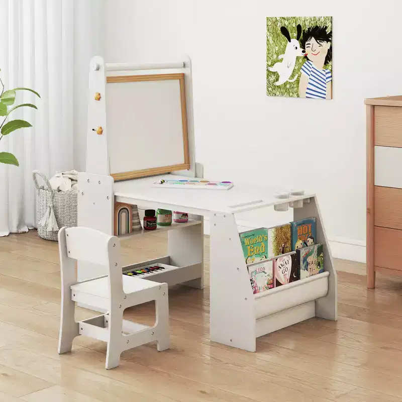 Costway Kids Art Table and Chair Set with Easel & Chair Whiteboard & Chalkboard Paper Roll