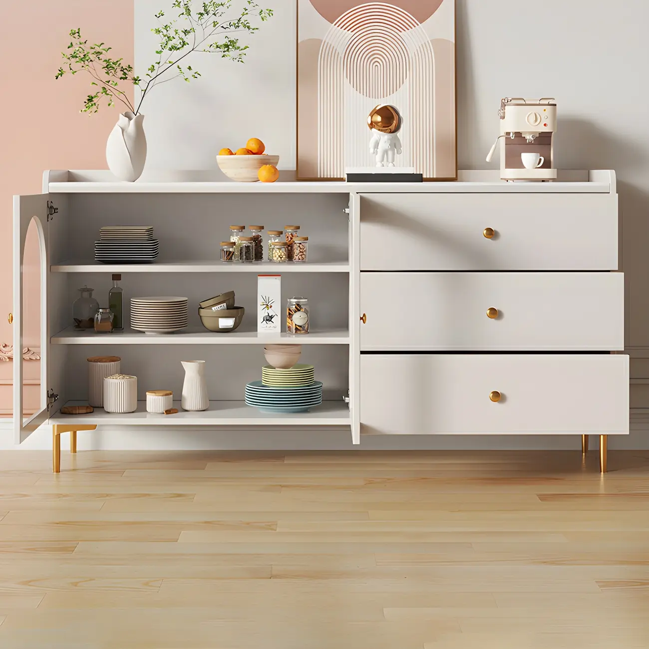 Glam White Wooden Buffet Table with Drawers & Shelves