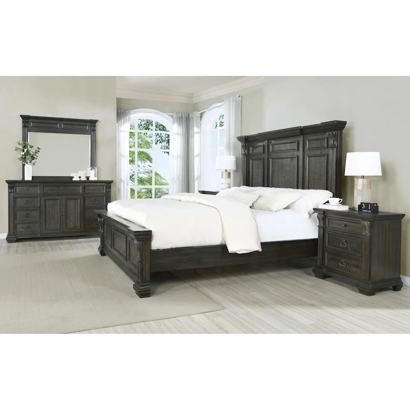 Roundhill Furniture Farson Distressed Dark Walnut Finish Wood Panel Bed, Dresser, Mirror, Two Nightstands