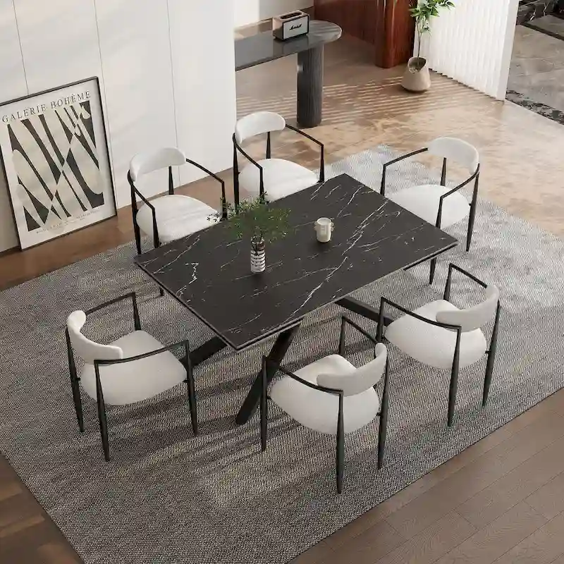 9 - Piece Extendable Sintered Stone Top Cross Legs Dining Set With 8 Fabric Chair