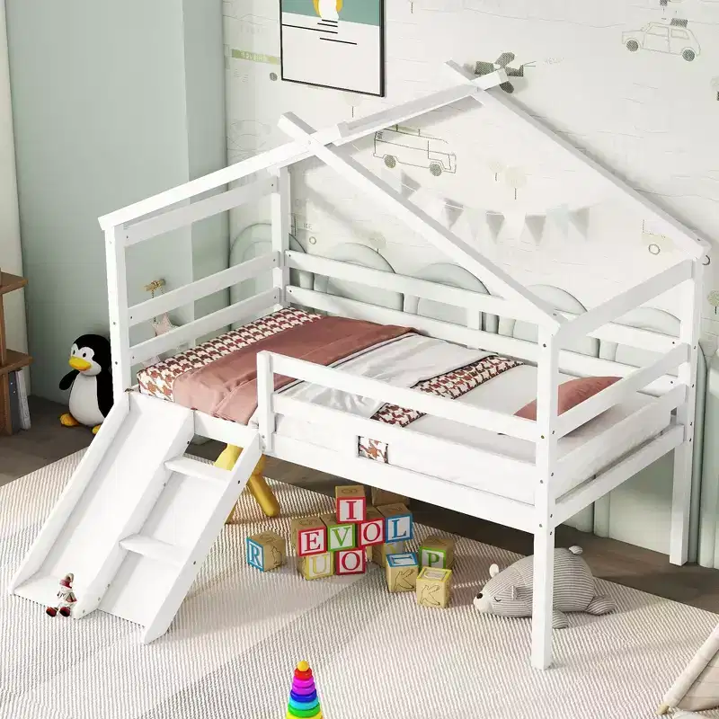 Whisen 81.7L x 67.6W Twin Low Loft House Bed with Slide, Ladder, Safety Guardrails, House Roof Frame