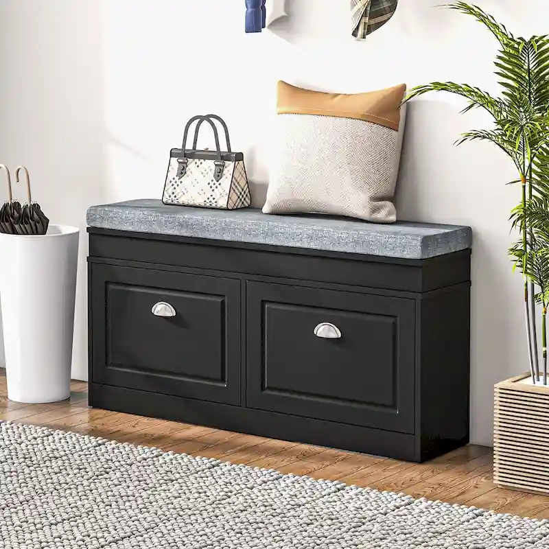 Shoe Rack Bench with Cushion, 2 Drawers and Adjustable Shelf