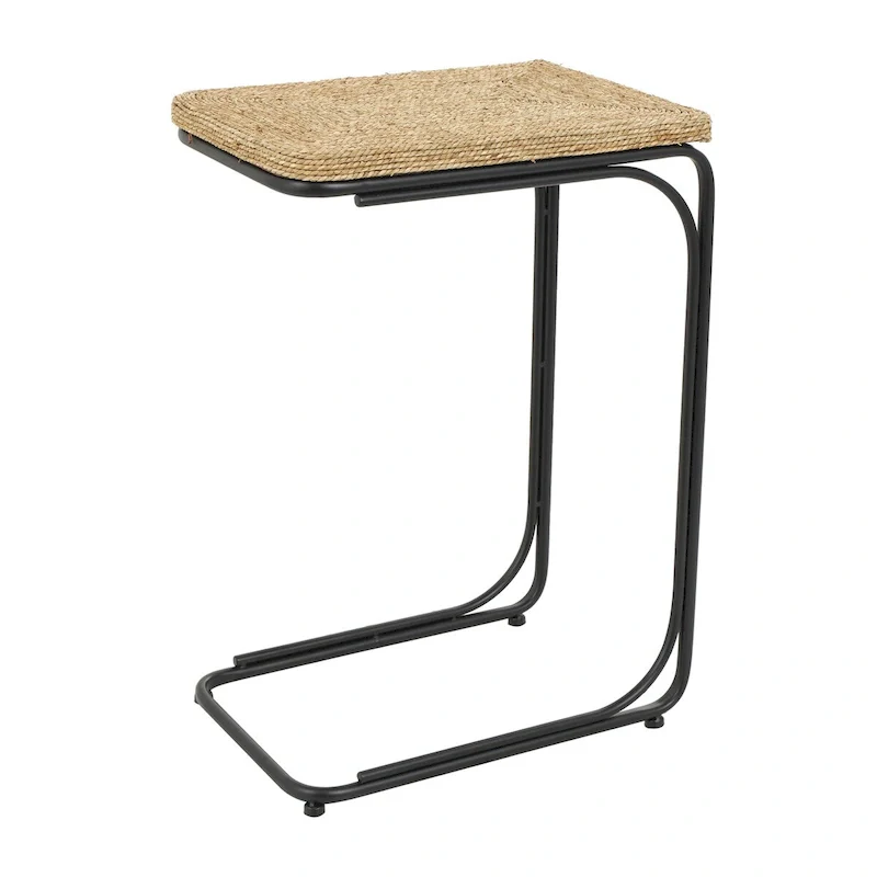 Dried Plant Handmade Coiled C-Shaped Side End Accent Table with Black Metal Legs - Brown - Roche River Decor