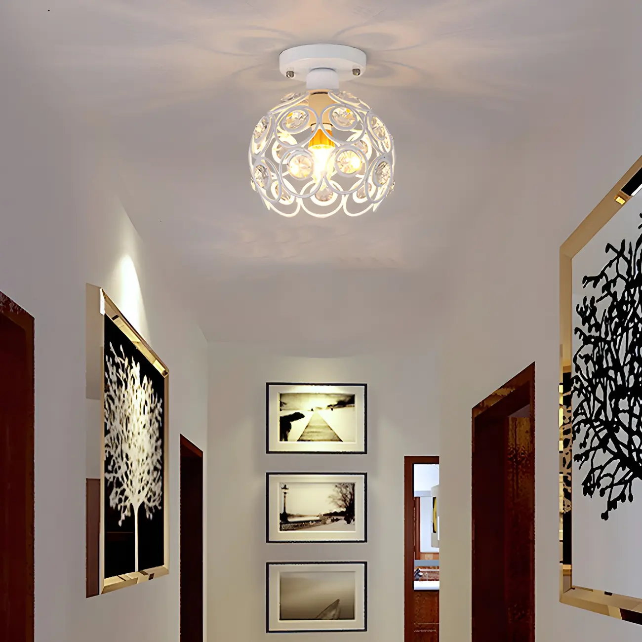 Industrial Hollow Dome Semi Flush Ceiling Light with Crystal