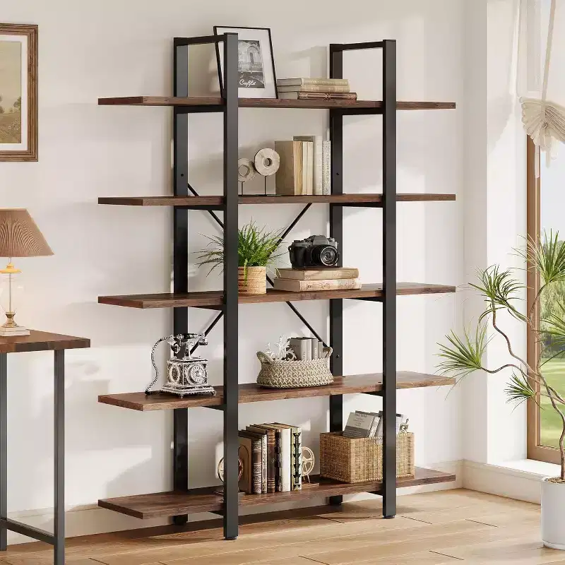 Lantine 5-Tier Bookshelf, Industrial Bookcase, Vintage Tall Book Rack, 70 H x 11 D x 47 W, for Bedroom, Living Room, Home Office, Rustic Brown