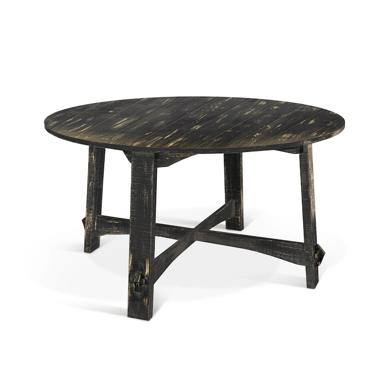 Rena Dining Table, 54 Inch Round Planked Black Smoke Mahogany Wood