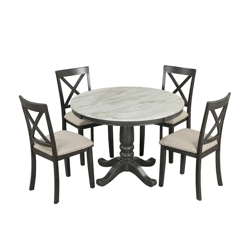 Modern Style Wooden 5-Piece Dining Set with Round Table amd 4 Upholstered Chairs