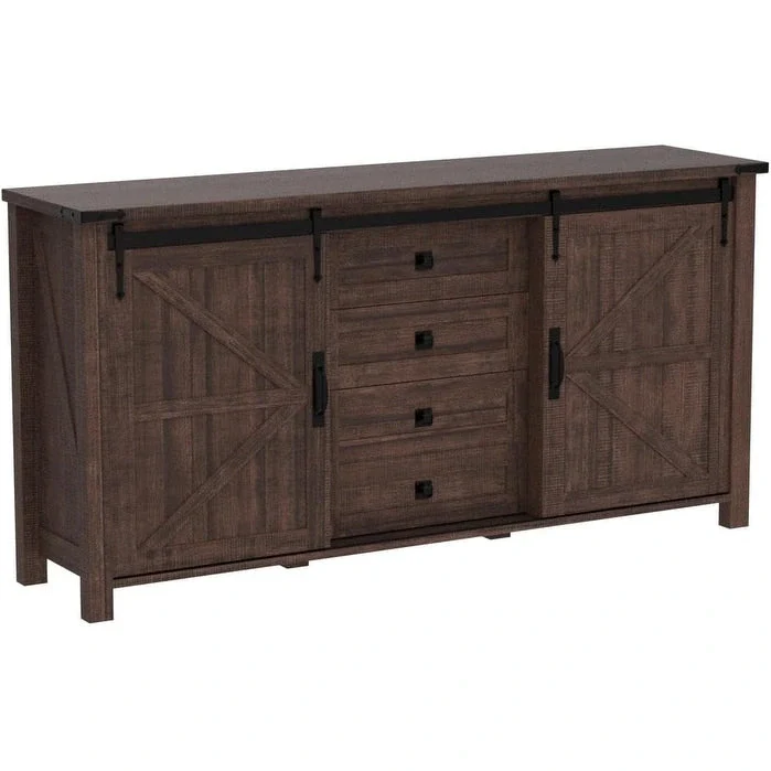 Farmhouse Dresser with 4 Drawers & 2 Sliding Cabinets, Dark Rustic Oak/Antique White/Barnwood