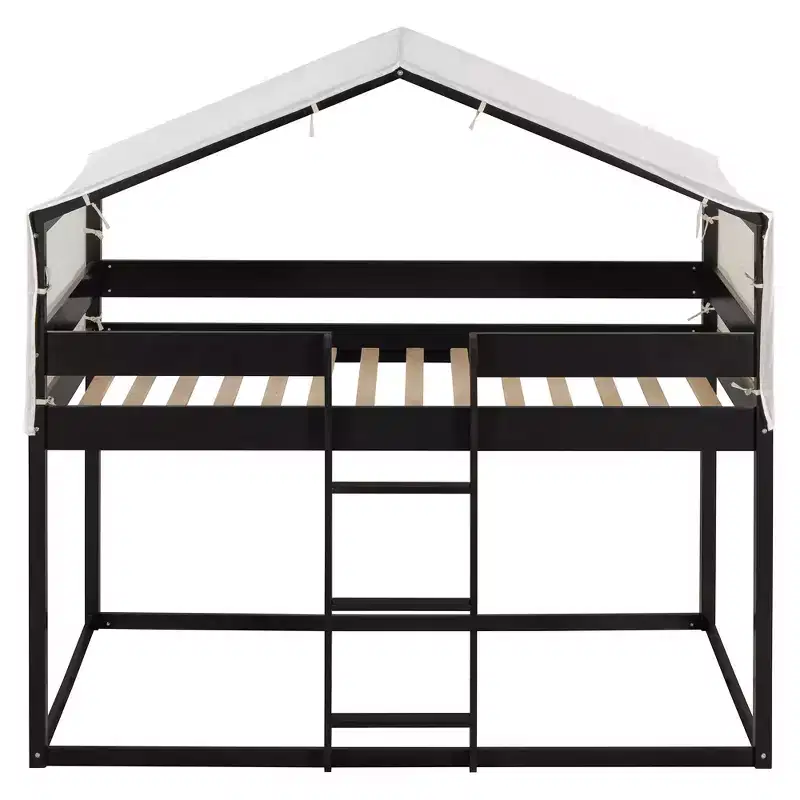 CLIHOME Rustic Twin Over Twin Wood Bunk Bed Frame with Tent and Ladder