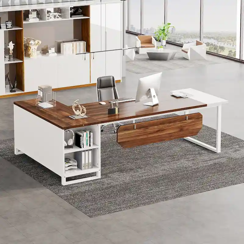 70.8 Executive Desk with 55 File Cabinet, Large L-Shaped Office Computer Desk with Storage Shelves and Cabinet