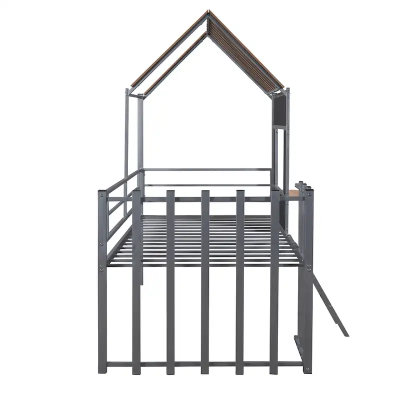 Silver Twin Metal Loft Bed with Roof, Window & Ladder