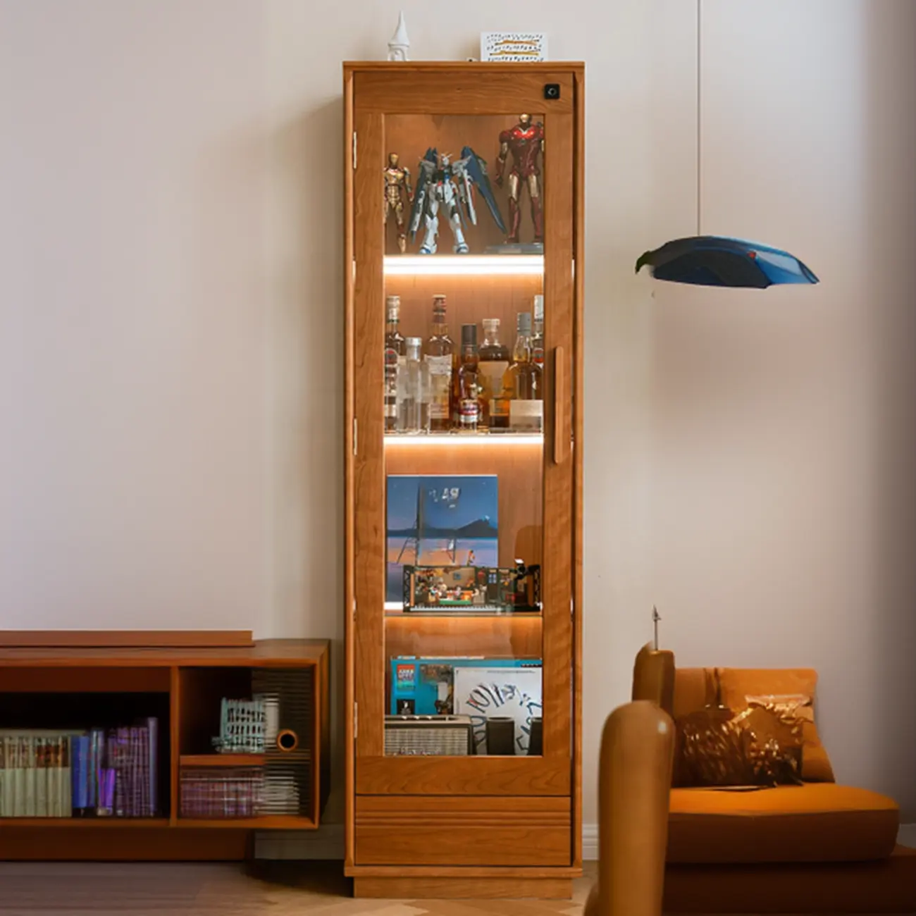 Nordic Tall Wooden 4-Shelf Curio Cabinet with Light