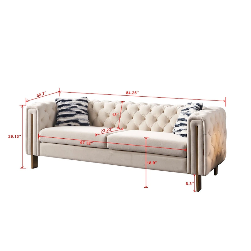84.25 Velvet 3-Seater Sofa with Button Tufting, Gold Metal Legs, Pocket Spring And Foam Cushioning, 700 lb Capacity