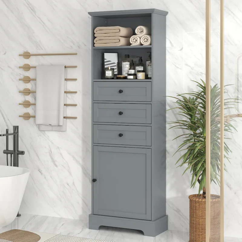 Merax Tall Storage Bathroom Cabinet with 3 Drawers and Adjustable Shelves