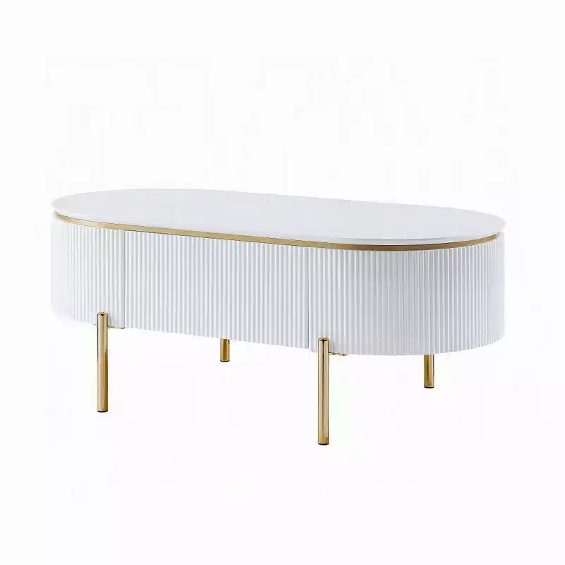 Royal Hampton Oval Coffee Table with Drawer, 47 Inch, Glossy White, Gold Metal