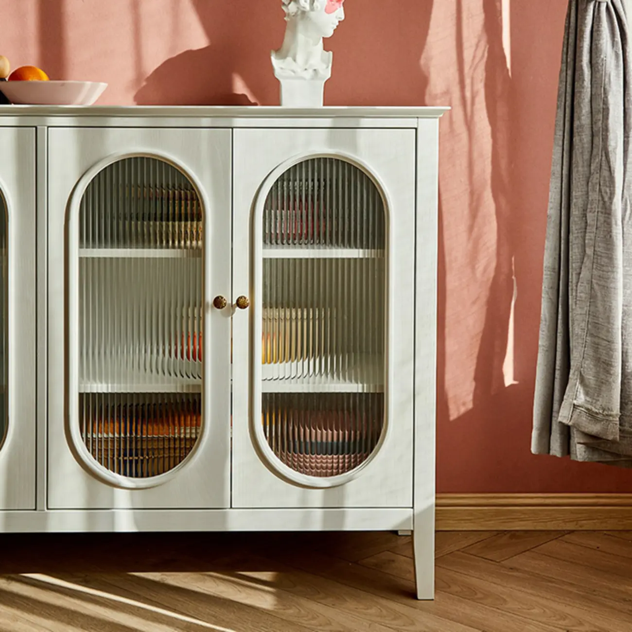 Scandinavian Oak Wooden Oval Fluted Glass Utility Cabinet