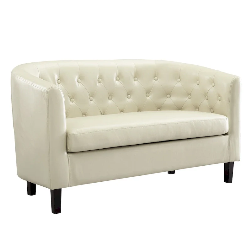 Midcentury Modern Button Tufted Faux Leather Barrel Loveseat - Comfy Tub Loveseat Sofa