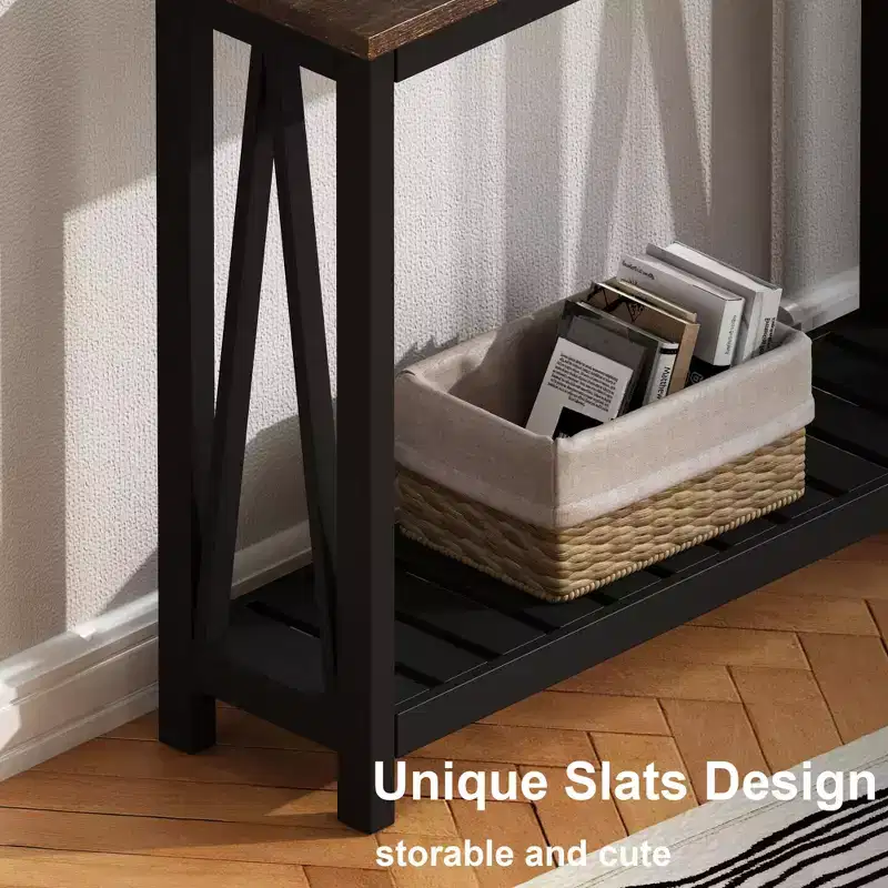 Black Frame Brown Top Rustic Console Table with Lower Shelf, 1-Person