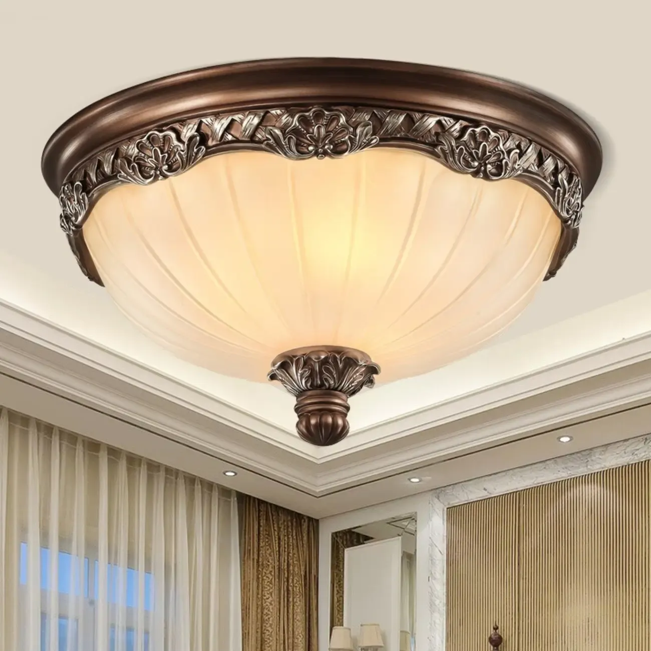 Vintage Glass Dome Classic Brown Flush Mount Ceiling Light