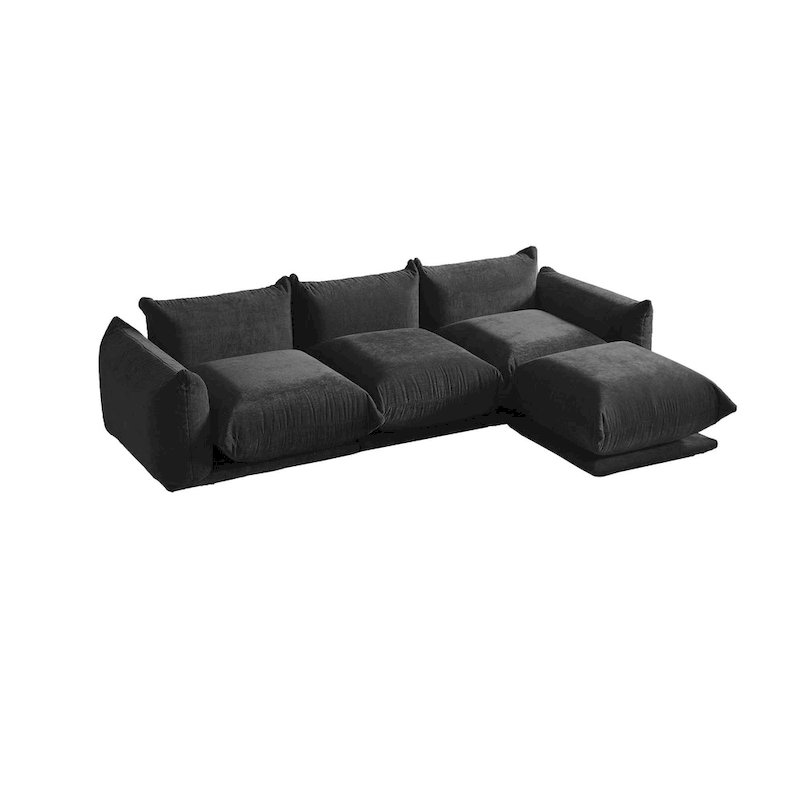 Modern Black Chenille Sectional Sofa Comfy Modular Couch with Ottoman