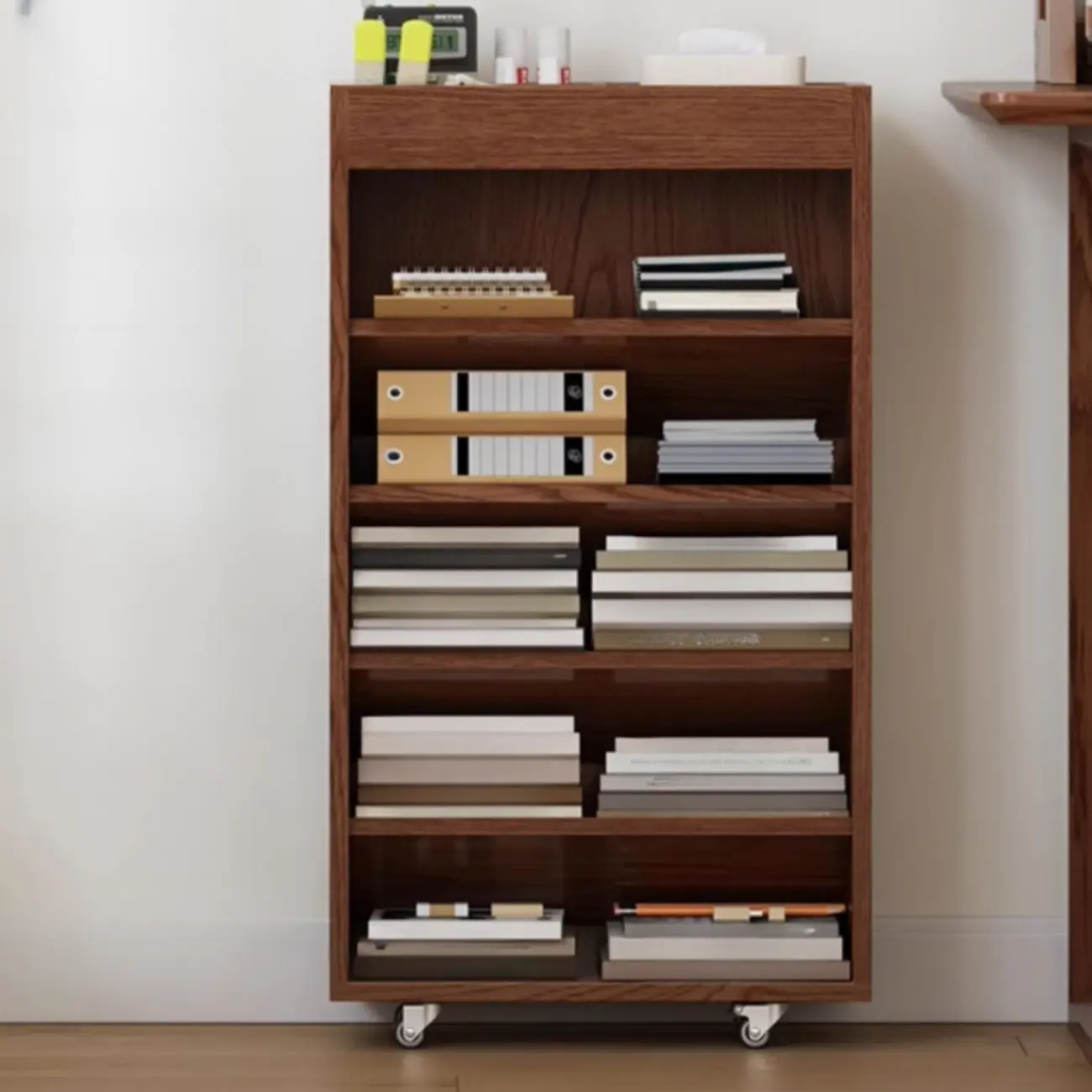 Mobile 5-Shelf Nut-Brown Wood Vertical Bookcase